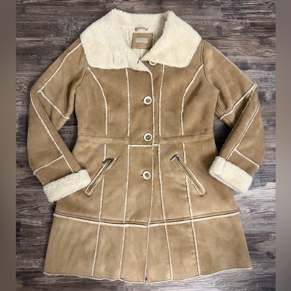 Women's Tan Faux Suede Shearling Coat Italian Size 48
